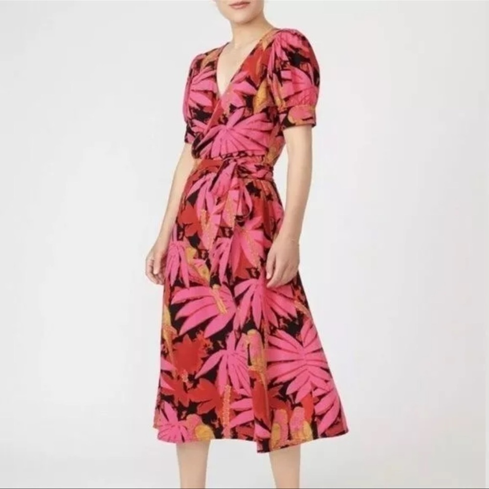 J Crew Women's Palm Print Midi Faux Wrap Dress Pink Red 10